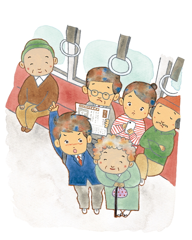 電車でお年寄りに席をゆずる高校生